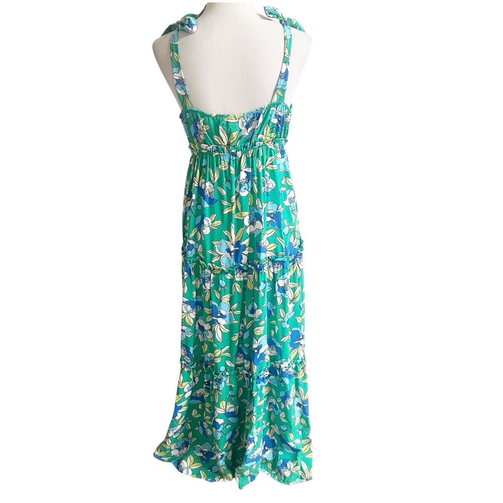 Monteau Los Angeles Floral Tiered Maxi Dress Green Size Large V-Neck Bohemian - Picture 2 of 14